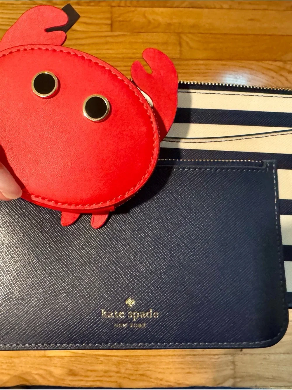 kate spade Red Crab Coin Pouch with Navy & White Stripe Wristlet